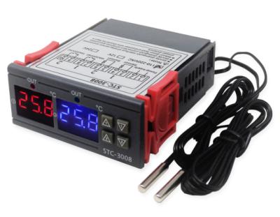 China Dual Temperature Adjustable Temperature Controller Dual ABS Plastic Shell STC-3008 DC12V/24V/AC110-220V Display With 1M Cable for sale