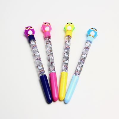 China Personalized Cute Owl Children's Novelty Pen Crystal Four Color Powder Liquid Ball Pen for sale