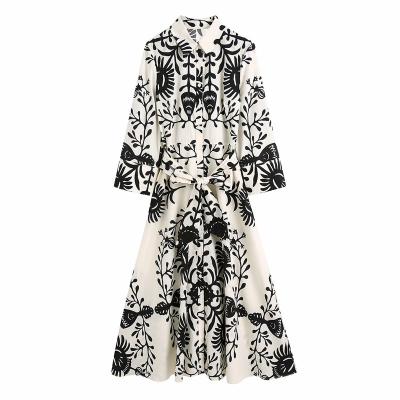 China New Autumn Fashion Print Long Sleeve Maca cao turn-down collar dress women's anti-static dresses for sale