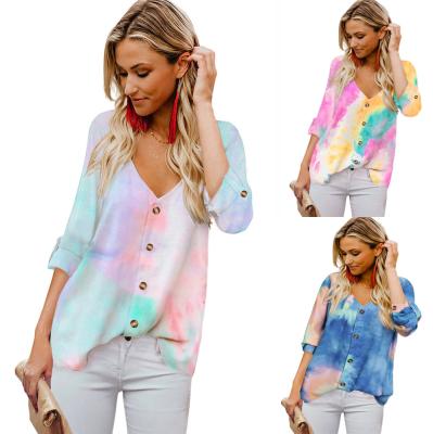 China Breathable 2021 Autumn New Tie Dye Straight Casual Shirt Women V-Neck Shirt Plus Size T-shirt for sale