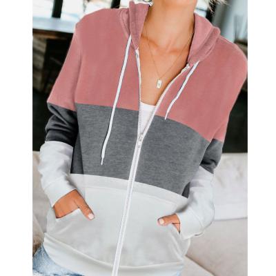 China 2021 Autumn casual long sleeve patchwork breathable hooded tops for women zip up hoodies and sweatshirts for sale