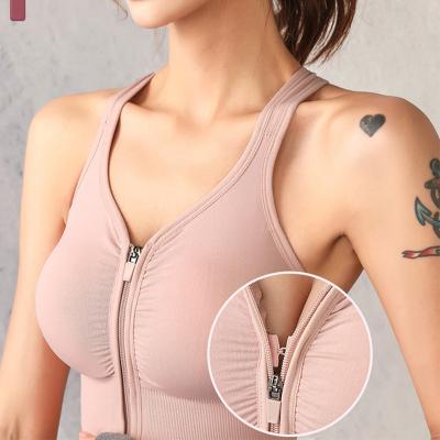 China Wholesale High Quality Breathable Front Zipper Seamless Removable Fitness Vest Cups Sports Bra Tops for sale