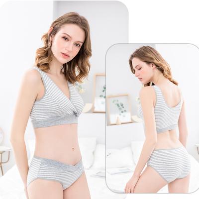 China Wholesale Cotton Antibacterial Breathable Wireless Crossover Stripe Vest Bra Briefs Maternity Nursing Set for sale