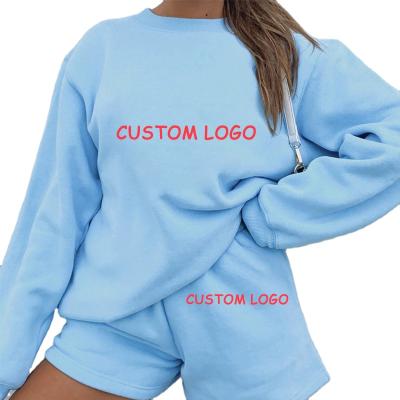 China Custom Made Solid Color Breathable Lady Fashion CHS0007W Logo Round Neck Pullover Sweater Shorts Women Clothing Sweatpants Suit Set for sale