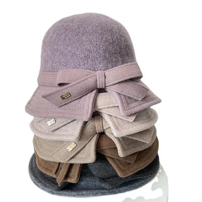 China HB07 Fashion Brand Winter Temperament Dome Slit Bow Striping Plus Fleece Double Layer Wool Girl Women Hat Designer Thick Warm Bucket Hats for sale