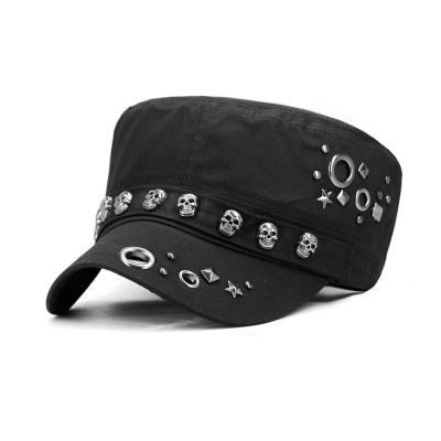 China JOINT Mens Womens Unisex Cadet Cotton Street Use Adjustable Skull Rivet Flat Top Army Baseball Cap Hats for sale