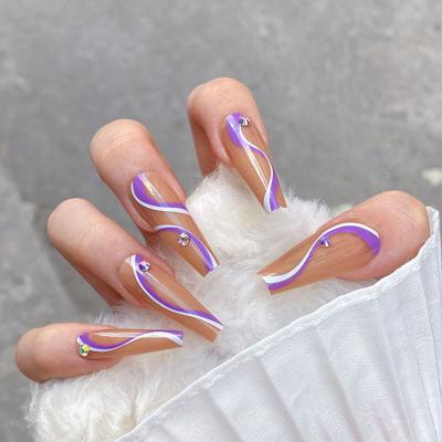 China Factory Direct Design 3D Purple And White Coffin Long Diamond Artificial Fingernails 2021 Nail Sticker Press On Nails for sale