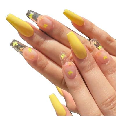 China Eco-friendly Nail Stickers Style Ballet Yellow Long Butterfly Coffin Trapeze Fake Nail From China Supplies Press On Nail Packing Box for sale