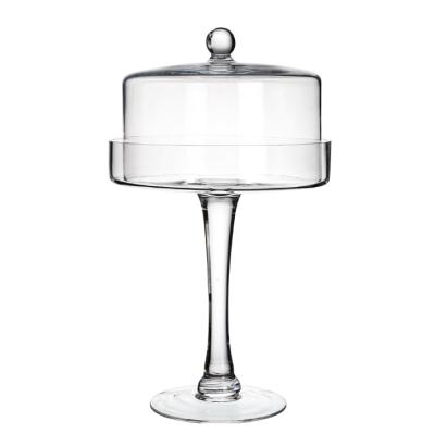 China Contemporary Hand Made Clear Glass Tall Pedestal Cake Plate Stand With Dome for sale