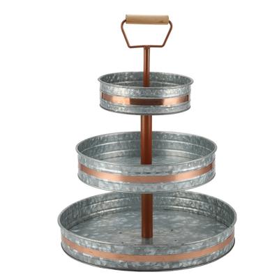 China Home Decoration 3 Tier Galvanized Metal Rack Wooden Handle Serving Tray for sale