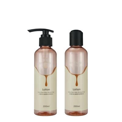 China Low Price 200ml PET Body Cosmetic Transparent Pink Lotion Bottle Facial Toner Bottle With Pump And Lid for sale