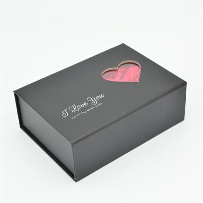 China Recyclable Custom Black Flower I Love You Earring Packaging Magnetic Jewelry Box Gift Box With Heart Shaped Window for sale