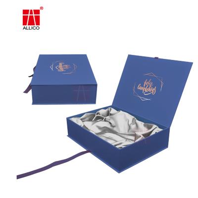 China Recyclable Custom Logo Blue Wig Gift Box Luxury Hair Packaging Boxes With Satin for sale