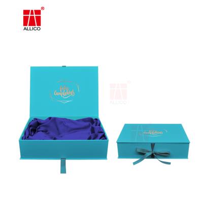 China Recycled Materials Custom Cyan Gift Packaging Box With Logo Luxury Wig Packaging Boxes With Insert And Satin Ribbon for sale