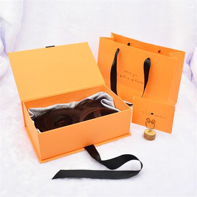 China Custom Recycled Wig Craft Logo Materials Waist Gift Box Golden Yellow Packaging Bag Luxury Gift Box With Satin Inside for sale