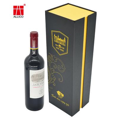 China Custom Wholesale Recyclable Hot Stamping Logo FINE WINE Gift Box Cardboard Luxury Black Packaging Wine Box for sale