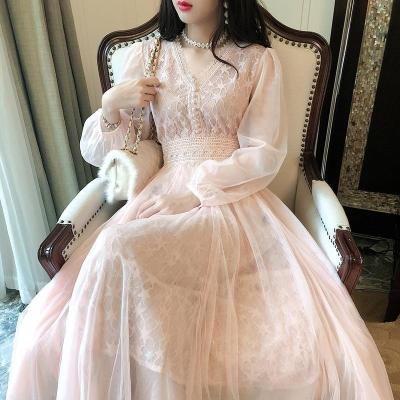 China Sustainable Summer Mesh Dresses For Women Party Casual 2023 Fairy Clothes Long Sleeve Strap Maxi Skater Dress Harajuku Cottagecore Robe Pink for sale