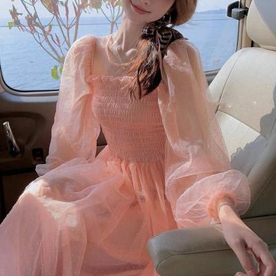 China Sustainable One Piece Dress Korean Square Collar Elegant Vintage Lace Dress Women Beach Party Fairy Dress Female Kawaii 2023 Summer Chic for sale