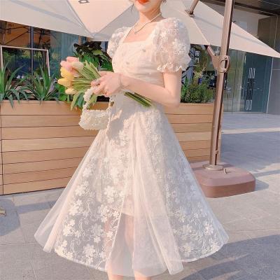 China Anti-Static Short Sleeve French Elegant Midi Dresses Women Floral Design Sweet Vintage Dresses Korean Style Evening Party Dress Females 2021 for sale