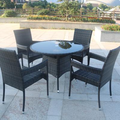 China 5 Pcs Modern Indoor Outdoor Furniture Garden Patio Cafe Tea Dining Dinner Steel Table Set Foldable Rattan Wicker Glass Top for sale