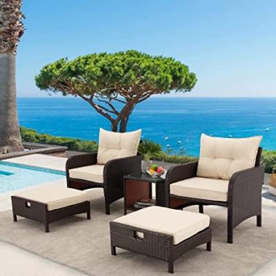 China Traditional 5 Piece Patio Furniture Set, Outdoor Patio Furniture Rattan Wicker Conversation Set With Ottoman And Outdoor Table Chair Se for sale