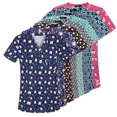 China Moisture Absorption / Sweating Plus Size Short Sleeve Hospital Nursing Medical Uniforms 26 Colors Printing Scrub Top for sale