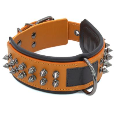 China Handmade Soft Padded Padded Genuine Leather Rivet Leather Dog Collar Eco Friendly for sale