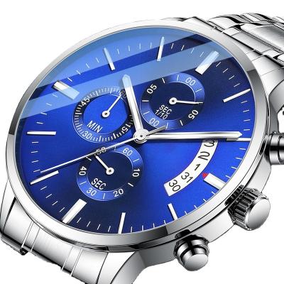 China Custom logo men's watches date three eyes Japan quartz stainless steel strap automatic waterproof men's wristwatch for sale