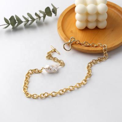 China Fashion Jewelry Women Environmental Friendly Gold Plated Natural Baroque Pearl Link Chain Pearl Necklace for sale