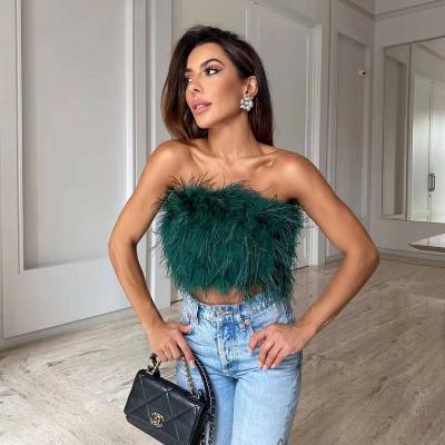 China 2022 Ladies Strapless Camisole Ostrich Feather Tube Top Zipper Slim Fit Top Sexy Fur Backless Sexy Backless for sale