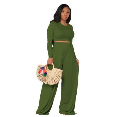 China New Collection Fashionable Anti-wrinkle Solid Color Round Neck Wide Leg Pants Set for sale