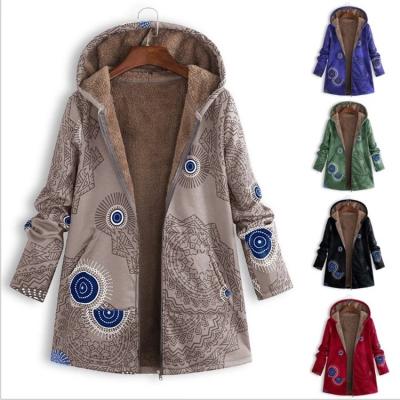 China 2020 Waterproof Ethnic Style Fashion Fleece Coat Printed Pocket Hoodie Jacket Women Winter for sale