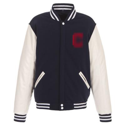 China Cleveland Indians Reversible Waterproof Fleece Jacket with Faux Leather Sleeves - Navy/White for sale