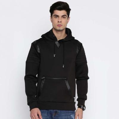 China Anti-pilling Fashion Men's Black Hoodie Custom With Fabric Kangaroo Leather Pockets With Zipper for sale