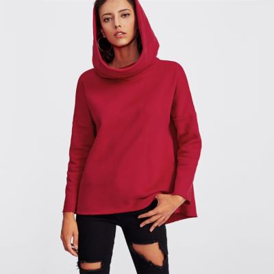 China Women Simple Raw Cut Hoodie Funnel Edge Dip Anti-pilling Red Sweatshirt for sale