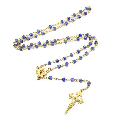 China Durable Fashion Jewelry Religious Necklace 18k Gold Plated Jesus On Cross Pendant Hiphop Rosary Necklace for sale