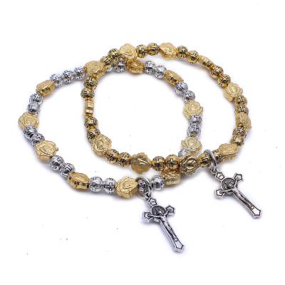 China Catholic Cross Beaded Bracelet Jesus Cross Chain Bracelet Gold Durable Religious Beaded Rosary Bracelet for sale