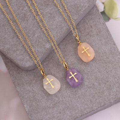 China Durable Natural Stone Crystal Quartz Pendant Necklace Religious Jewelry Cross Pendant for sale