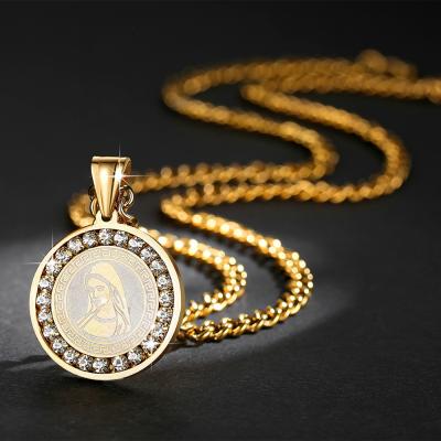 China Virgin Mary Icon Pendant Necklace Mary Pendant Stainless Steel Round Fashion Jewelry Durable Religious Virgin Zircon for sale