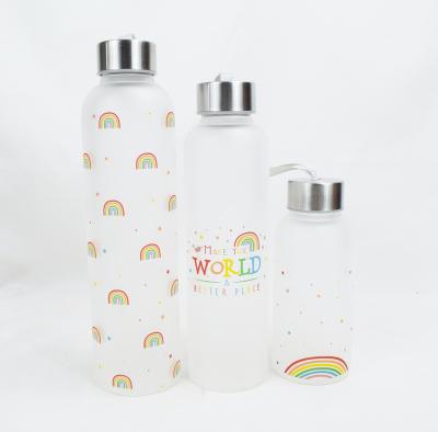 China Custom Stocked Logo With Metal Bamboo Lid 500ml Clear Container Drinking Borosilicate Glass Frosted Water Bottle 1000ml for sale