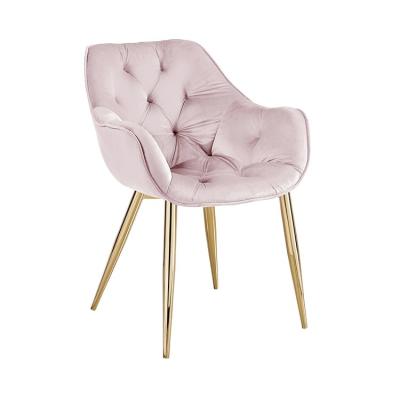 China Modern Classic Armrest Cooling Luxury Pink Velvet Dining Chair Gold Metal Leg for sale