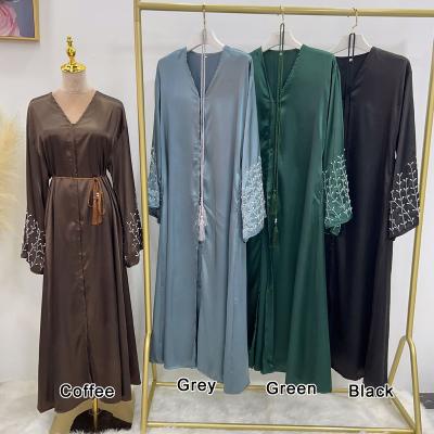 China Modest Muslimah Styling Wholesale Turkey Modest Dubai EID Solid Color Handmade Abaya Beads Dress Sale Abaya Online Luxury Muslim Dress Women Open Abaya for sale