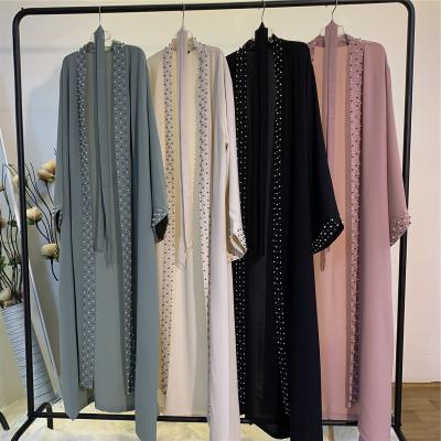 China Polyester Arab Turkish Middle East Fashion Elegant Net Beaded Muslim Lace Up Long Cardigan Dress for sale