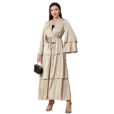 China Muslim Clothing Feeling Abaya Robe Islamic Dress Eid Dubai Turkey Fashion Elegant Soft Touch Satin For Women Layered Tie Front Abaya Kaftan for sale