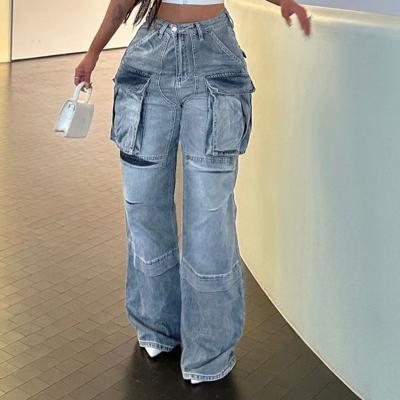 China Anti-pilling Straight Jeans Big Pocket High Waisted Leg Denim Pants Women Casual Loose Wide Leg Cargo Pants for sale