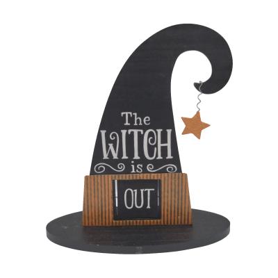 China The Other New Halloween Decor Wood IN EXIT Witch Hat Decor With Sign Metal Spinning Star On Curly Wire for sale