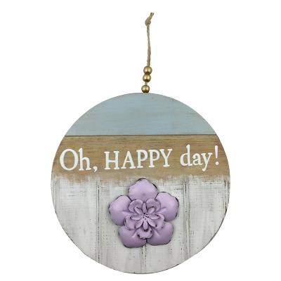 China Round handmade crafts wooden sign with fluted board and metallic flower tied jute with beads for sale