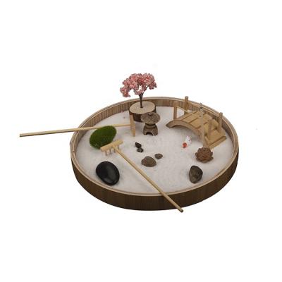 China Custom Japan Factory MDF Mini Desktop Zen Garden Japanese Style With Pavilion Sakura Tree Set for sale