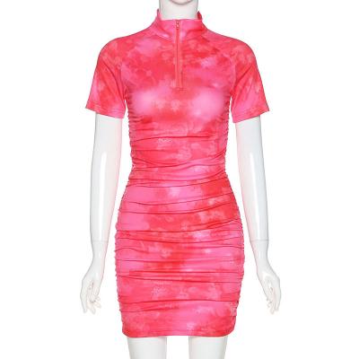 China Other New Turtle Print Bodycon Long Sleeve Casual High Street Pleated Slim Tie Dye Dress for sale