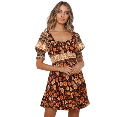 China Amazon Breathable Breathable Burst Women Clothing Vintage Dresses Square Collar Backless Lace Up Flower Lantern Sleeve Summer Mini Dress for sale